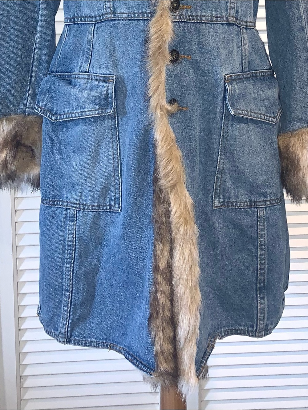 OTB Vintage Y2K Denim Penny Lane Trench Coat Faux Fur Trim Boho Afghan Jacket L - Picture 5 of 13